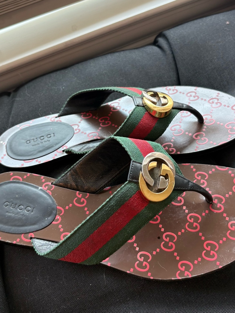 Gucci Green and Red Web Flip Flops with Gold GG Accent